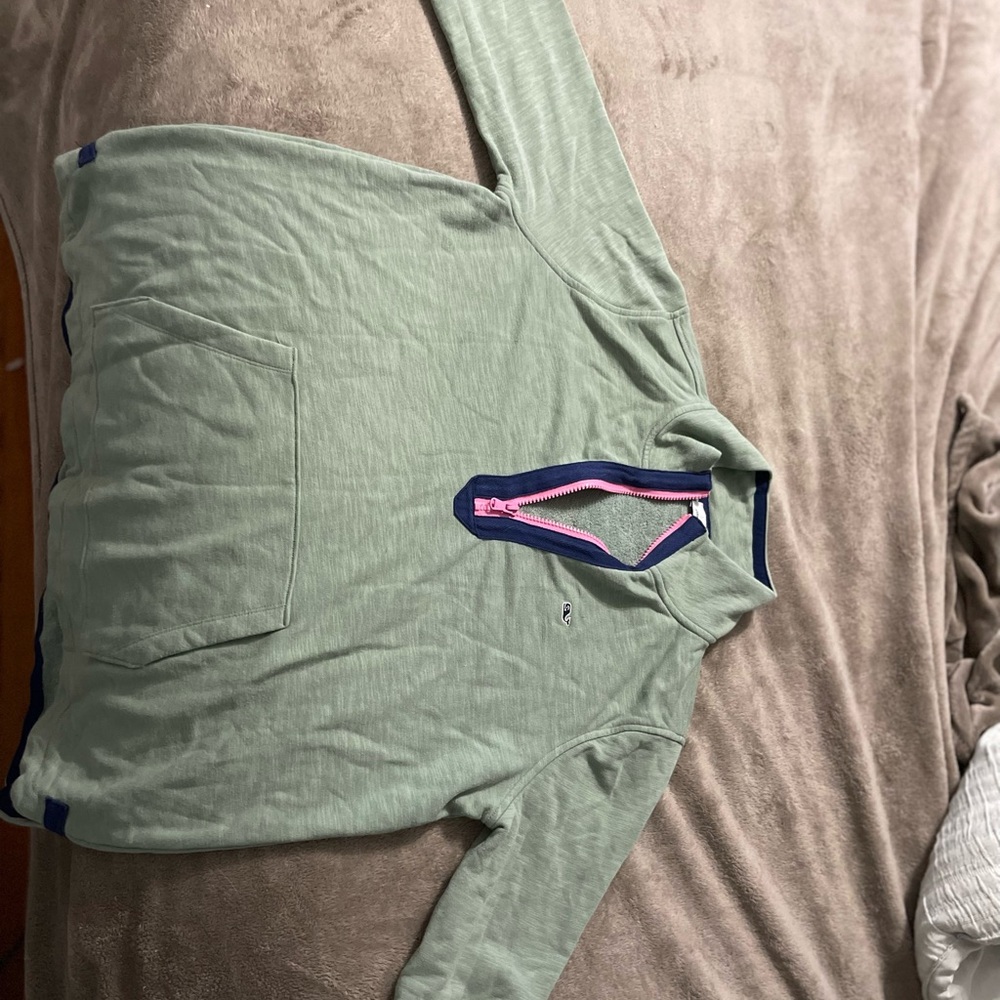 Green Pullover with Pink and Navy Accents